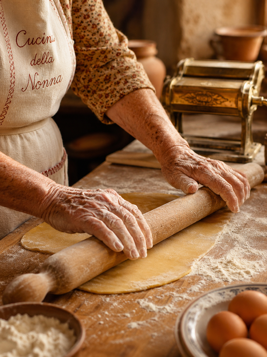 Massa sendo aberta à mão na Trattoria Bella Nonna